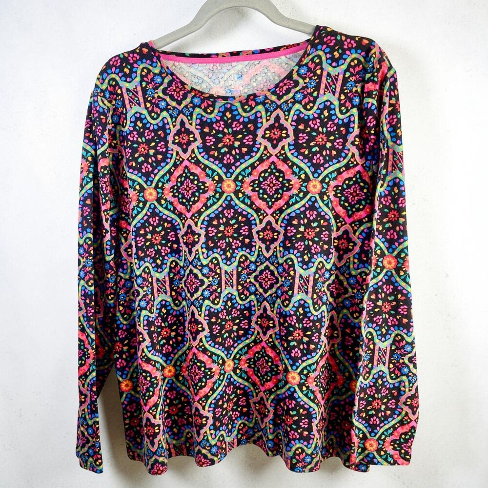 Croft & Barrow 1X Top Plus Size Black Neon Medallion Floral Cotton Classic Tee